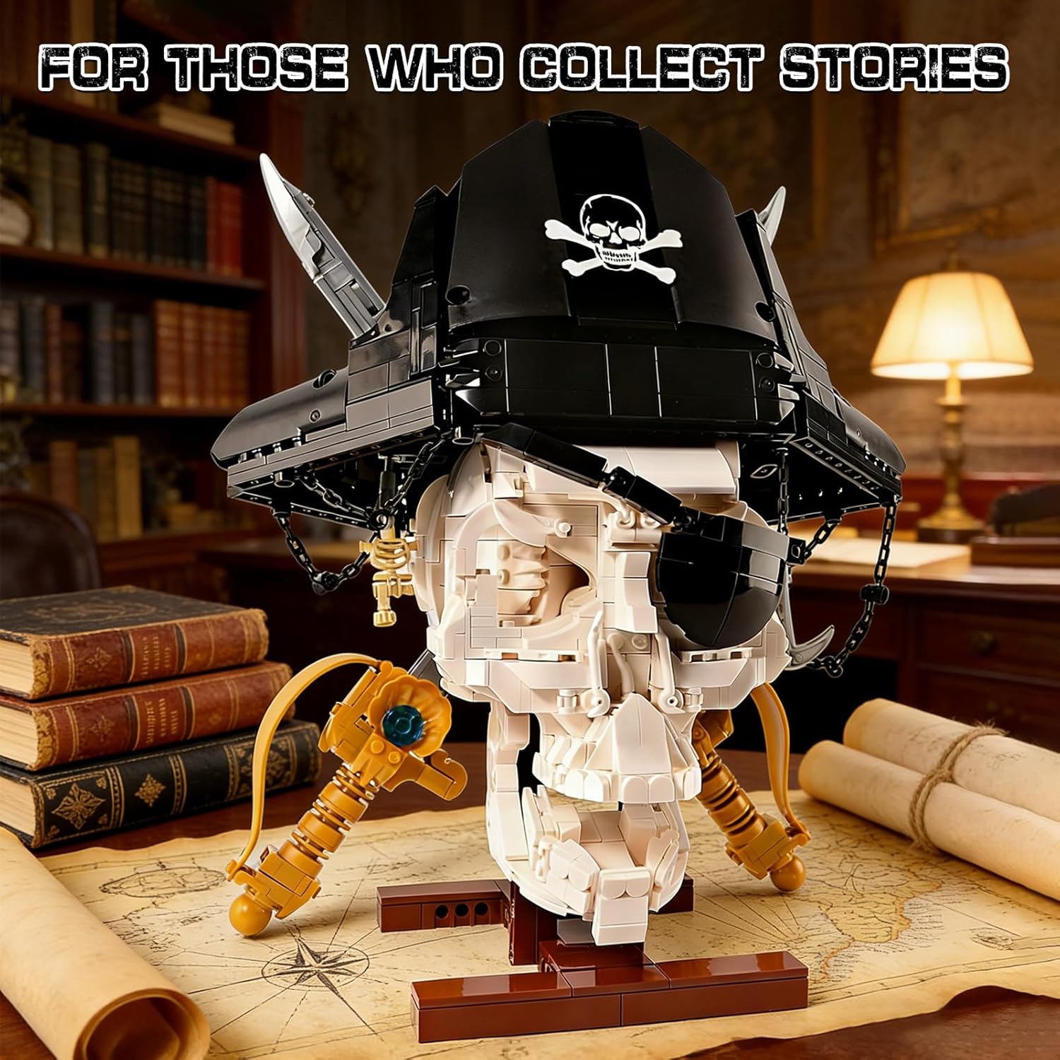 Pirate Skull Building Set for Kids and Adults 1176PCS Creative Building Blocks Model Compatible with Lego Detachable Hat & Base Dual Sword Pirate Figure for Collectors Home Decor & Gift