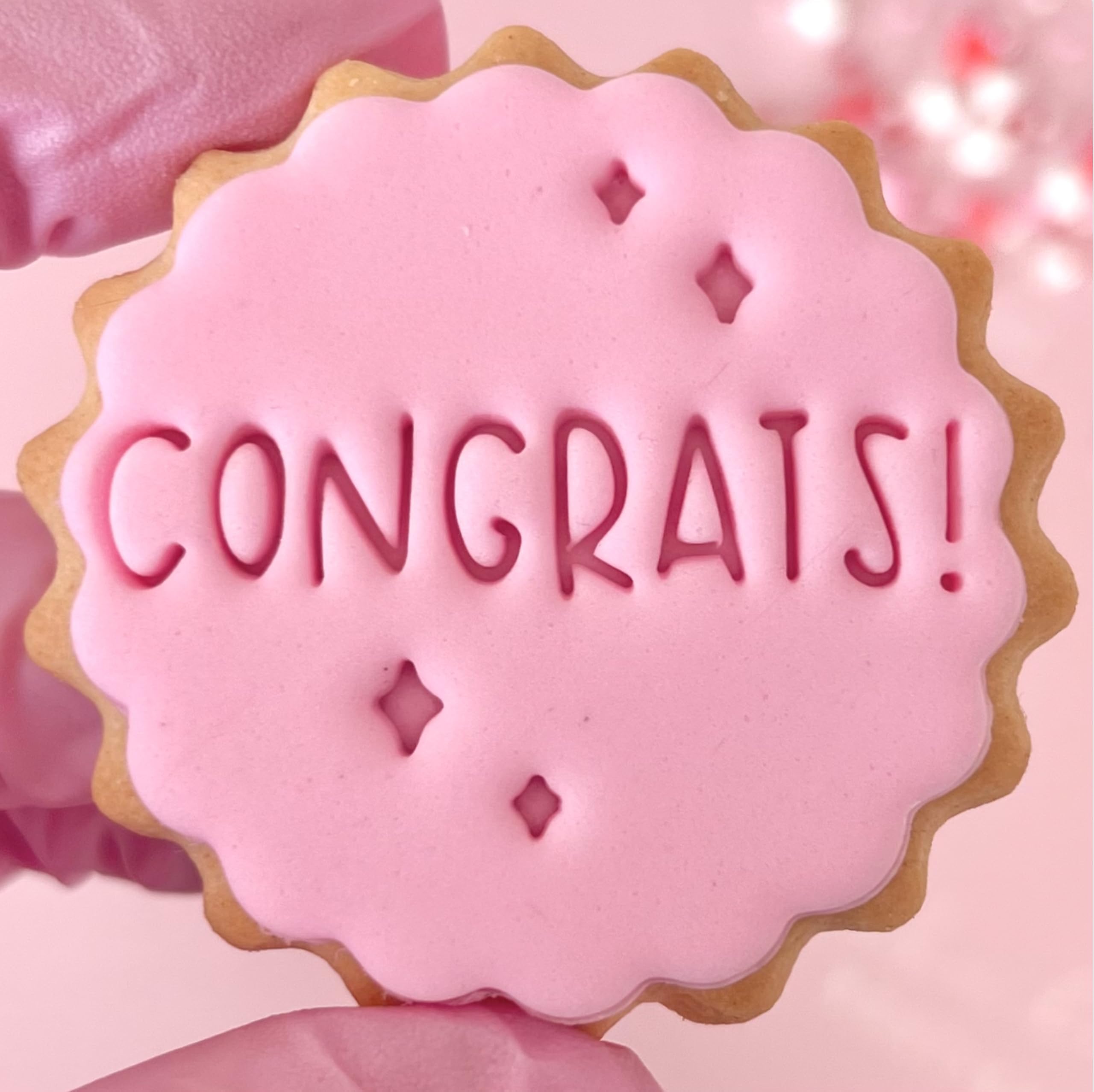Congrats Congratulations Fondant Stamp Embosser Biscuits Cookies Cupcakes fits m&s Wedding Engagement Birthday Baby Shower Retirement Reusable Marks and Spencers Free Matching Cutter