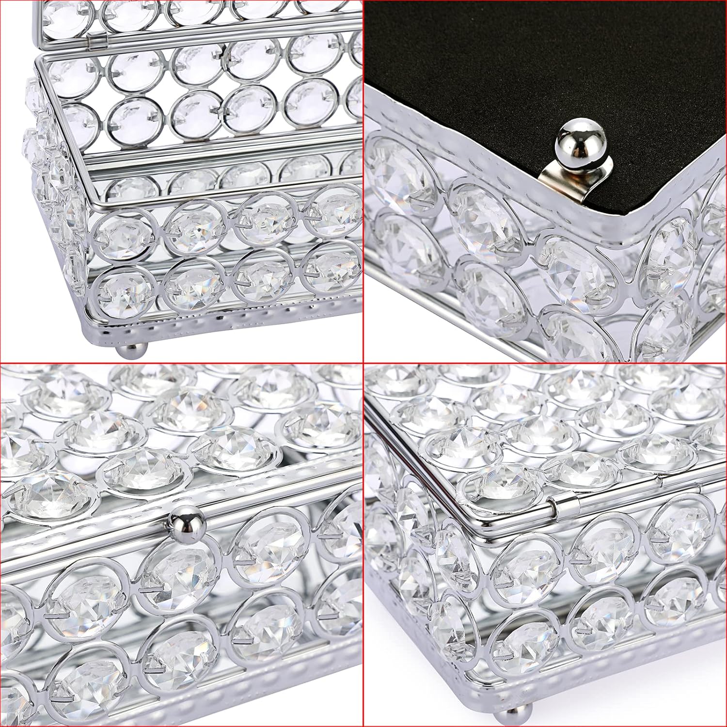 ELLDOO Crystal Jewelry Box Rectangle Trinket Organizer Earrings Rings Box Treasure Box Home Decor Accent Decorative Box with Lid for Valentine Wedding Christmas Birthday Gift, Silver, Small - Image 3