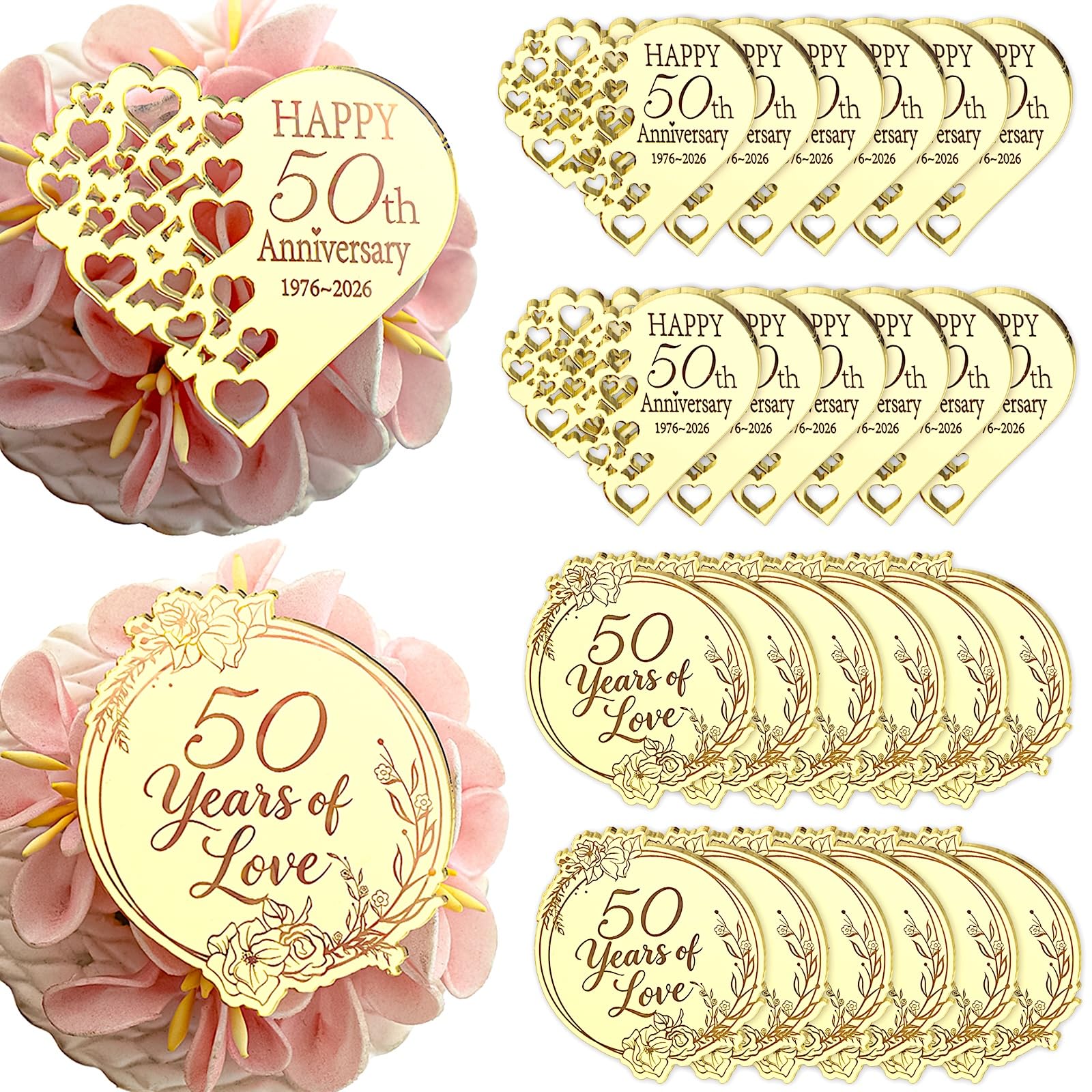 24Pieces 50th Anniversary Gold Mirror Acrylic Cupcake Toppers, 50 Years of Love Heart and Round Shapes for Golden Wedding Anniversary