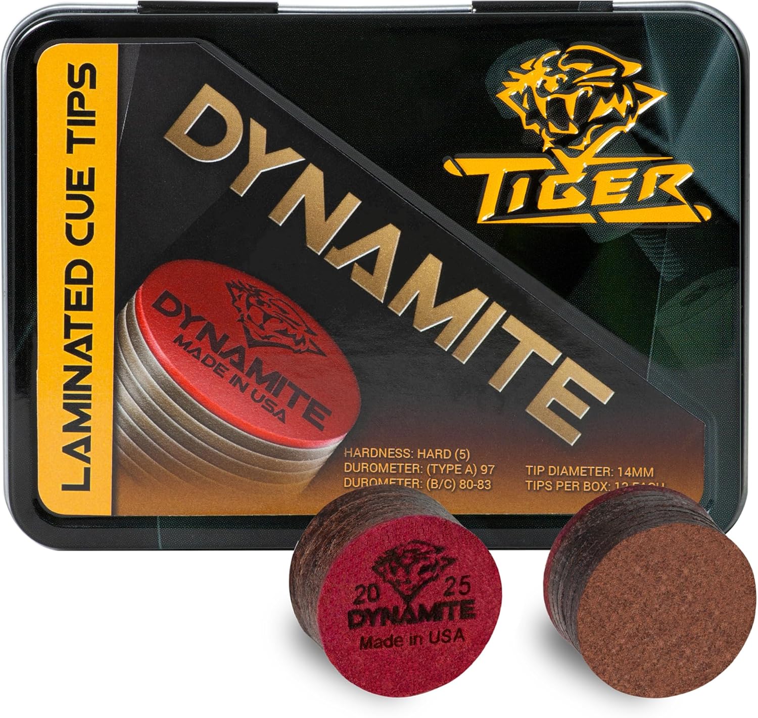 Tiger Dynamite Laminated Pool CUE Tips 12 (Twelve) pcs - 1 Box - Hard - 13 or 14 mm