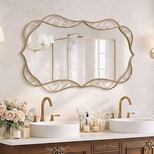 Miniatura 10 de Besdomus Espejo de pared dorado para baño: espejo grande antiguo de 24 x 48 pulgadas para pared, colgante vertical u horizontal, decoración del Oro