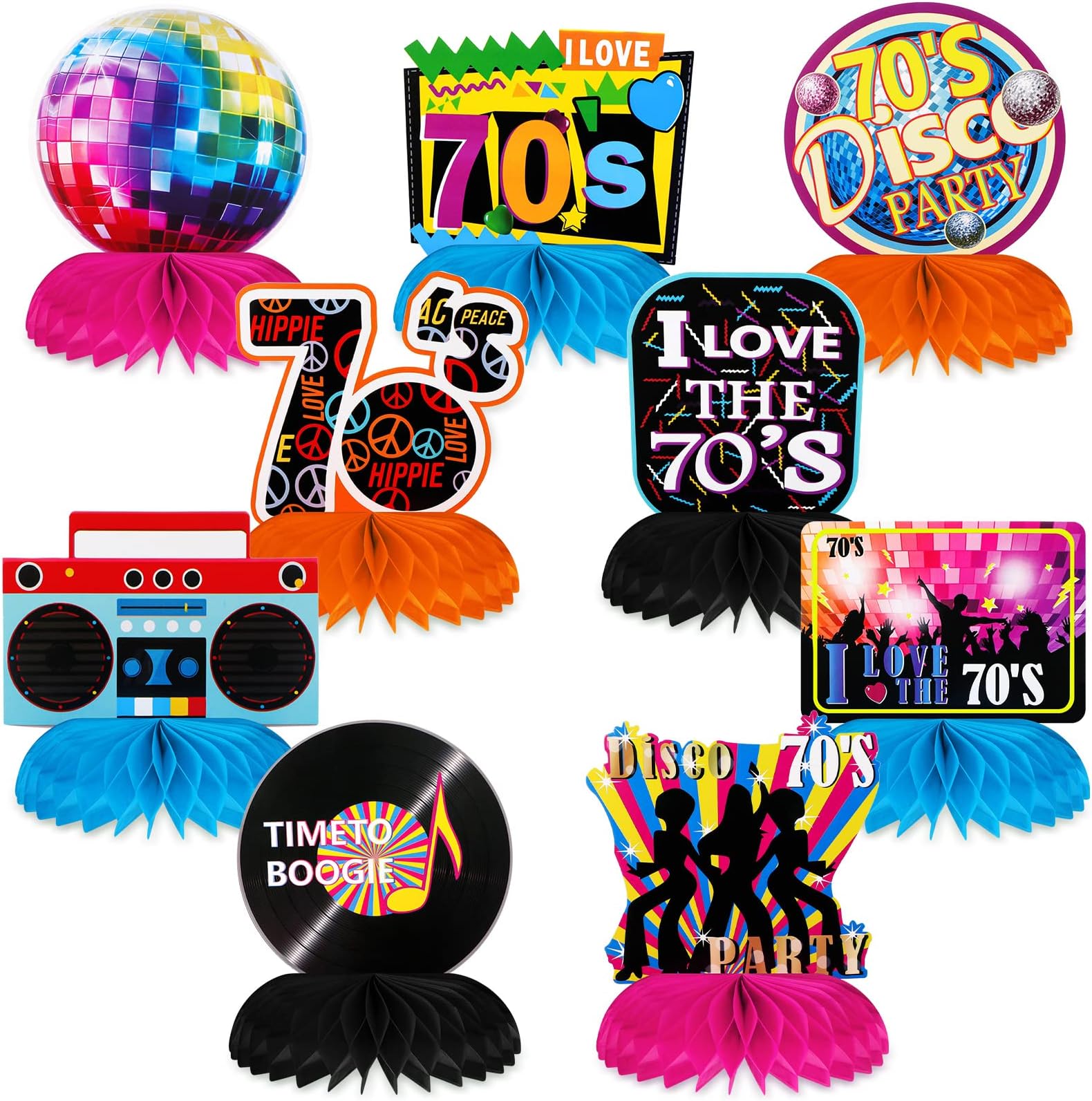 TaoBary 9 Pcs 70s Party Decorations Back to 70s Honeycomb Centerpieces Colorful Disco Favors Boogie Centerpieces Disco Cake Topper for Retro Theme Birthday Music Party Decorations Table Decor