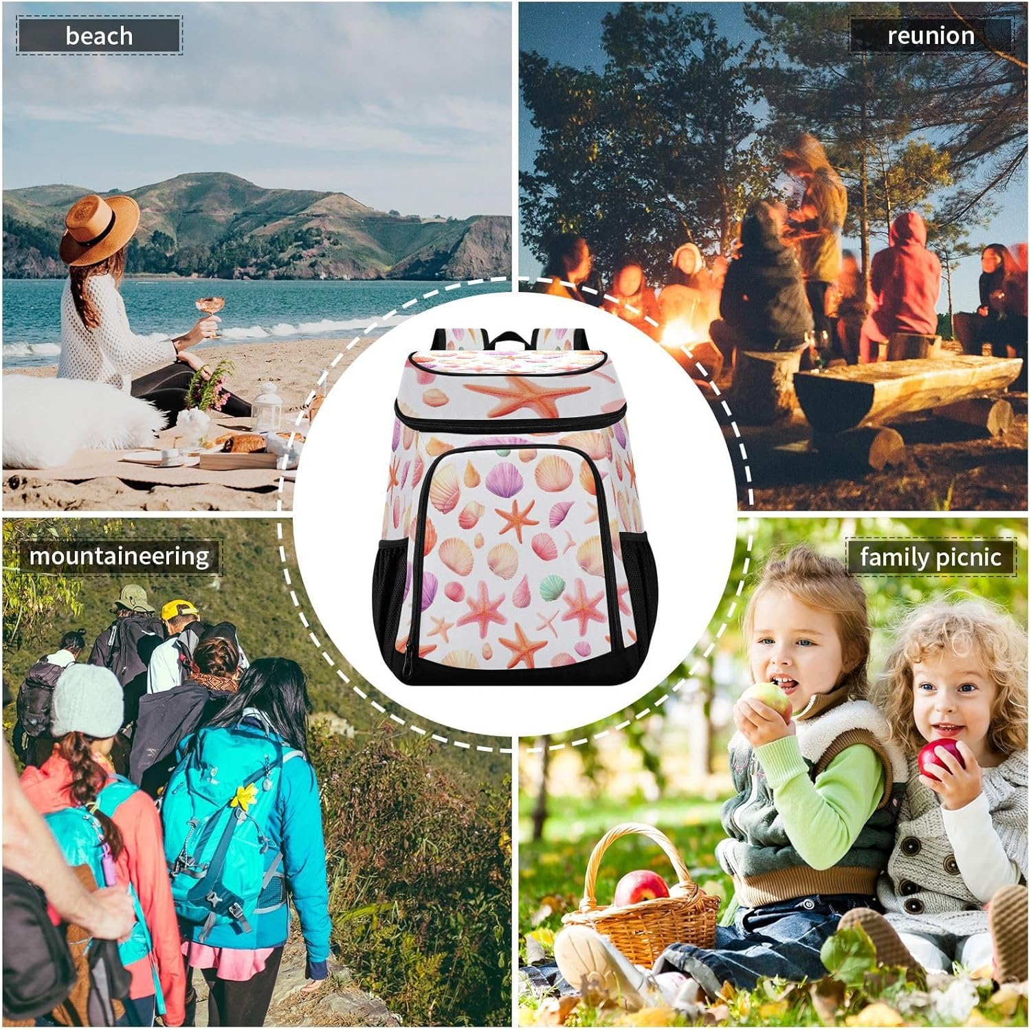 Starfish Shell Cooler Backpack 36 Cans Leakproof Waterproof Backpack Cooler Bag Beach Accessories Travel Camping Fishing Backpack for Women Men