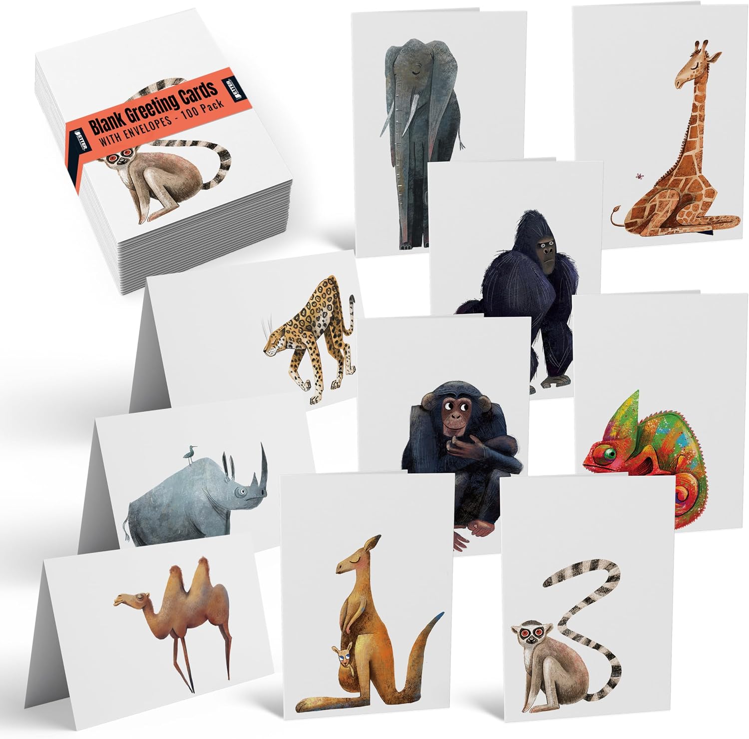 Better Office Products 100-Pack All Occasion Greeting Cards, Assorted Blank Note Cards, 4 x 6 inch, 10 Cute & Fun Wild Animal Designs, Blank Inside, with Envelopes, 100 Pack