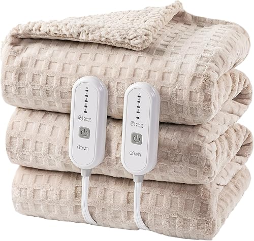 Dowin Electric Blanket Queen Size - Waffle Heated Blanket with Dual Control, 5 Heating Levels, 10 Hrs Auto Off, Sherpa Fleece Warming Blanket for Bed, Machine Washable, 84x90 Khaki