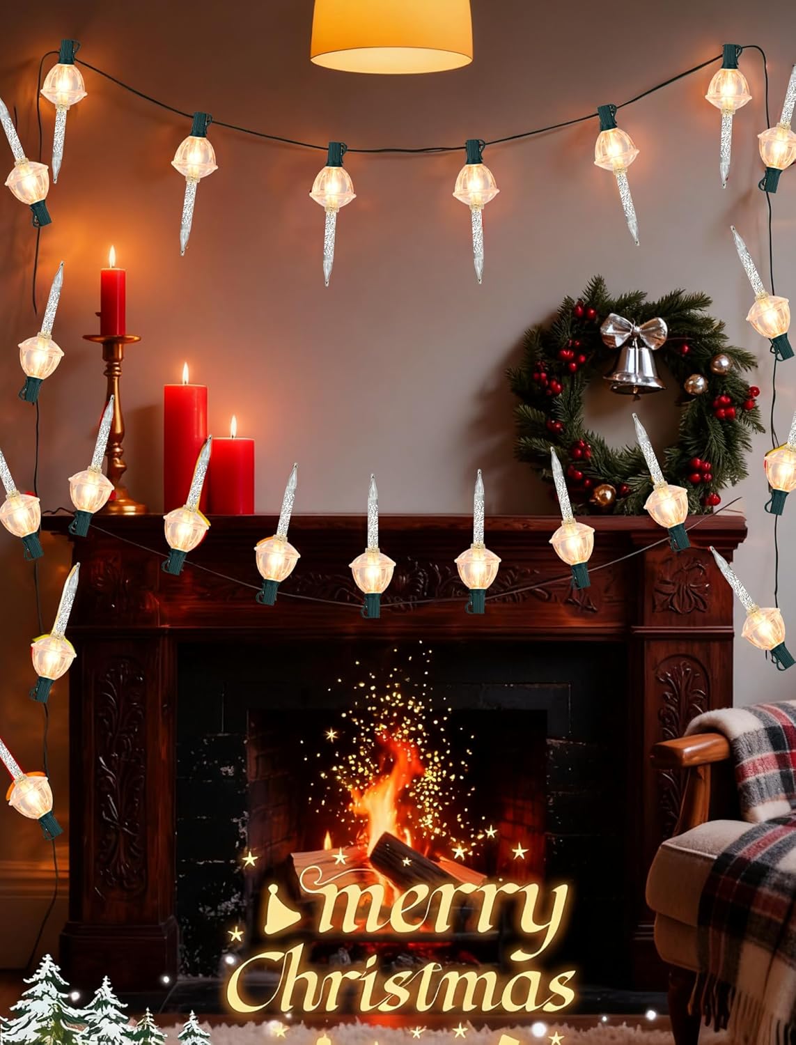 Abeja Christmas Silver Bubble Lights Set, 11 Ft Vintage Bubble Lights 8 Silver Glitter Bubble Bulbs(1 Spare), E12 Candelabra Base UL Listed for Christmas Tree Holiday House Lighting Decor- Green Wire