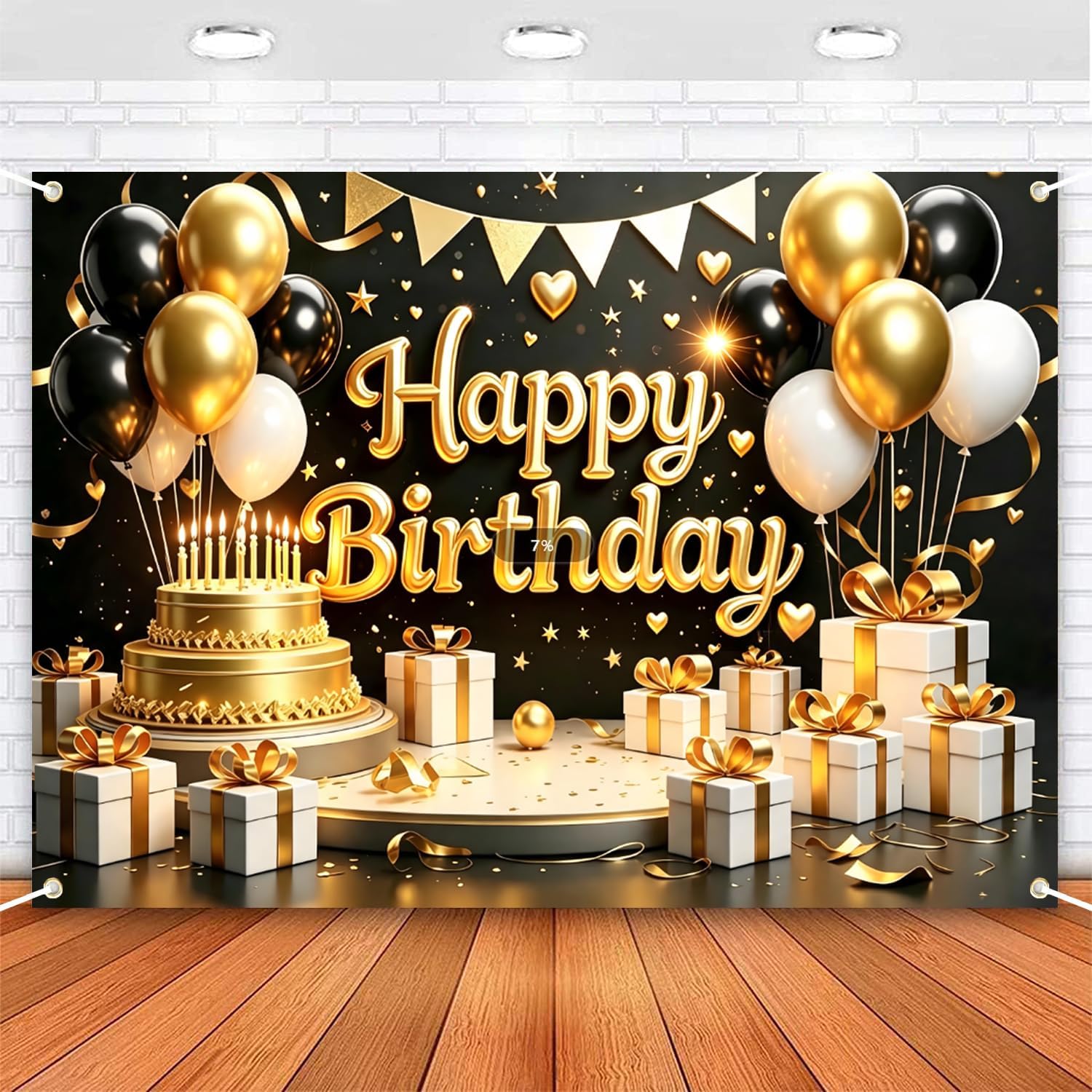 Black Gold Happy Birthday Backdrop 7x5ft Party Decorations Banner for Women Men Adults, Glitter Birthday Photography Background for Photo Booth Cake Table Celebration Supplies