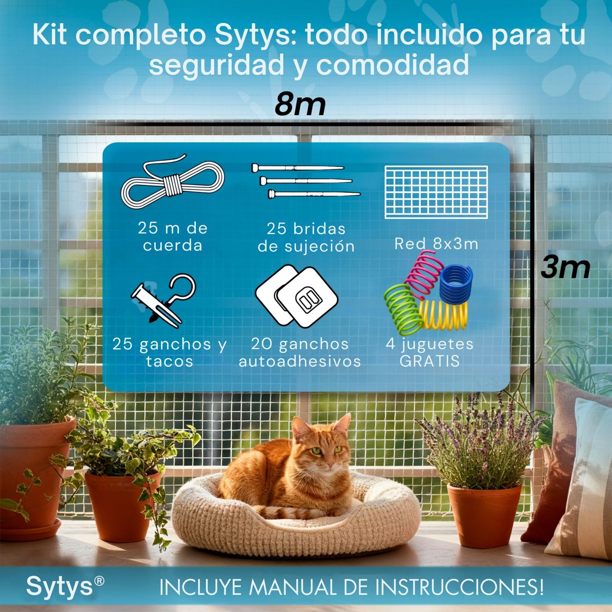 RED para GATOS Terraza SIN TALADRO + 4 Juguetes de REGALO (8x3m) TRANSPARENTE Red para Gatos Ventanas Red para Gatos Terraza Red Gatos Balcon Kit Instalación Completo Incluido | Malla Gatos Terraza