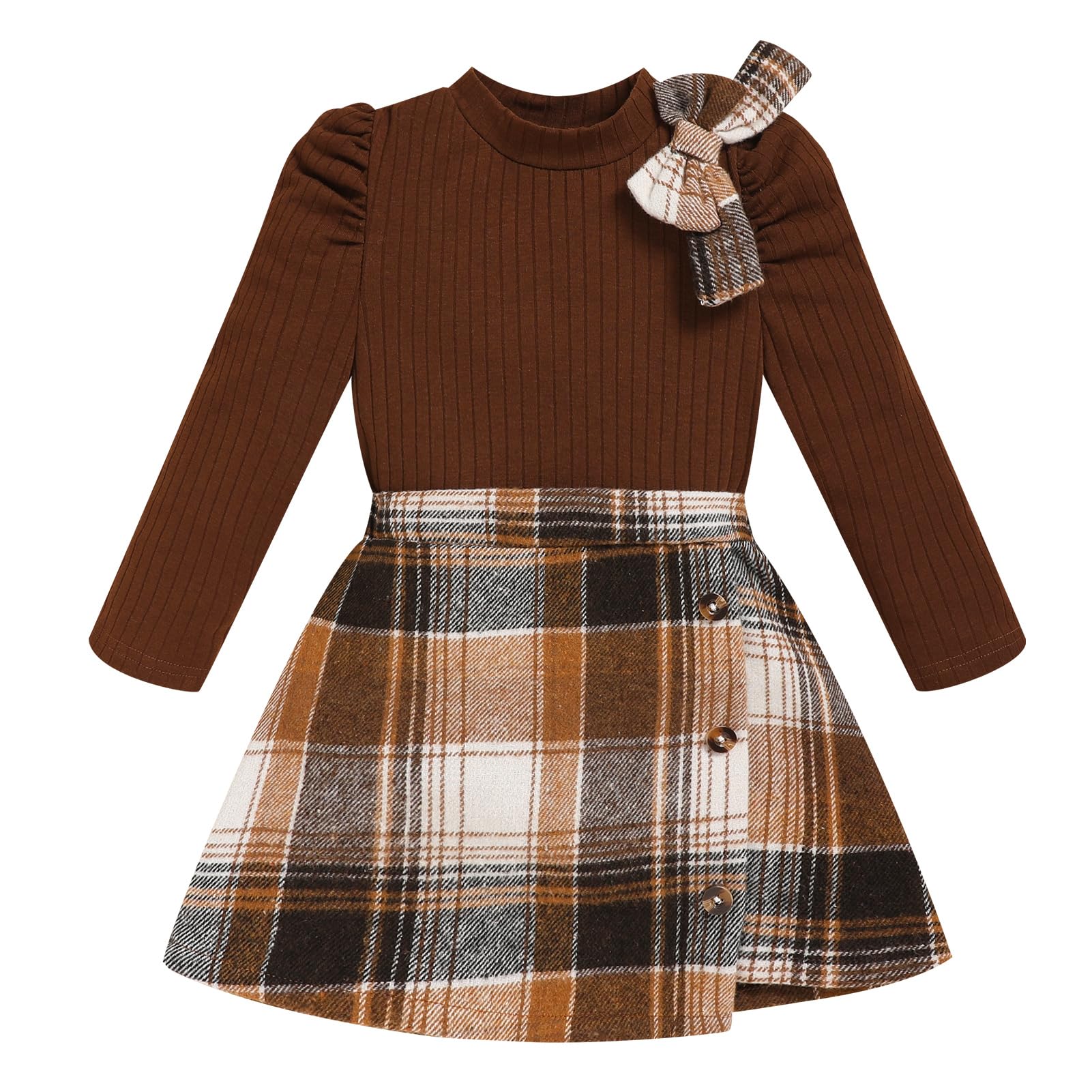 Toddler Girl Plaid Outfits Fall Winter Dress Knit Ribbed Bow Sweatshirt Tops and Button Fashion Skirts Set