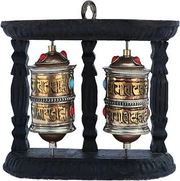 QT S Spinning Tibetan Prayer Wheel Wall Hanging Design - Buddhism "Om Mane Padme Hum" Mantra Spinning Prayer Wheel, Handmade in Nepal with Brass, Copper & Wood Stand