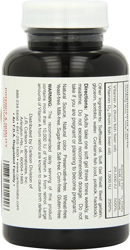 Carlson Labs Vitamina A y D, 25000/1000 UI, 250 Cápsulas miniatura 3