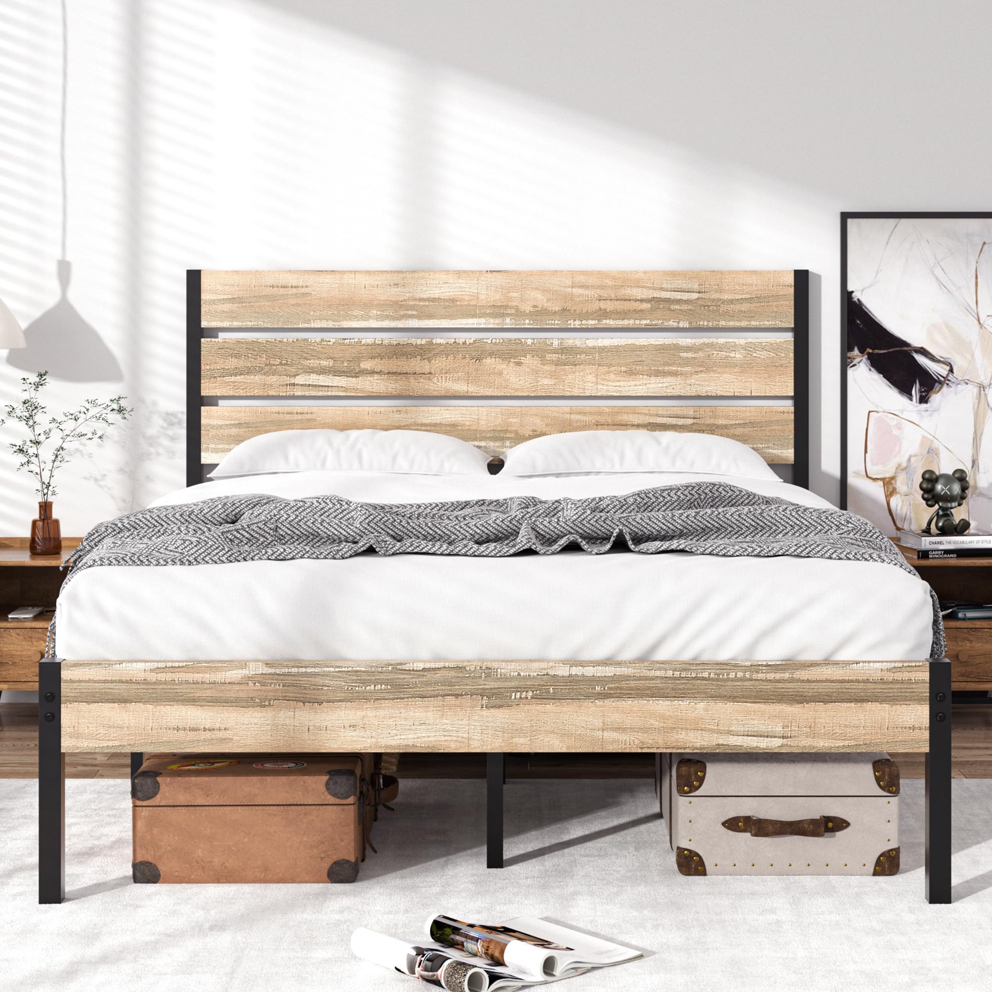 VECELO Queen Size Bed Frame with Grey Oak wood accents and black metal frame, shown with a white mattress.