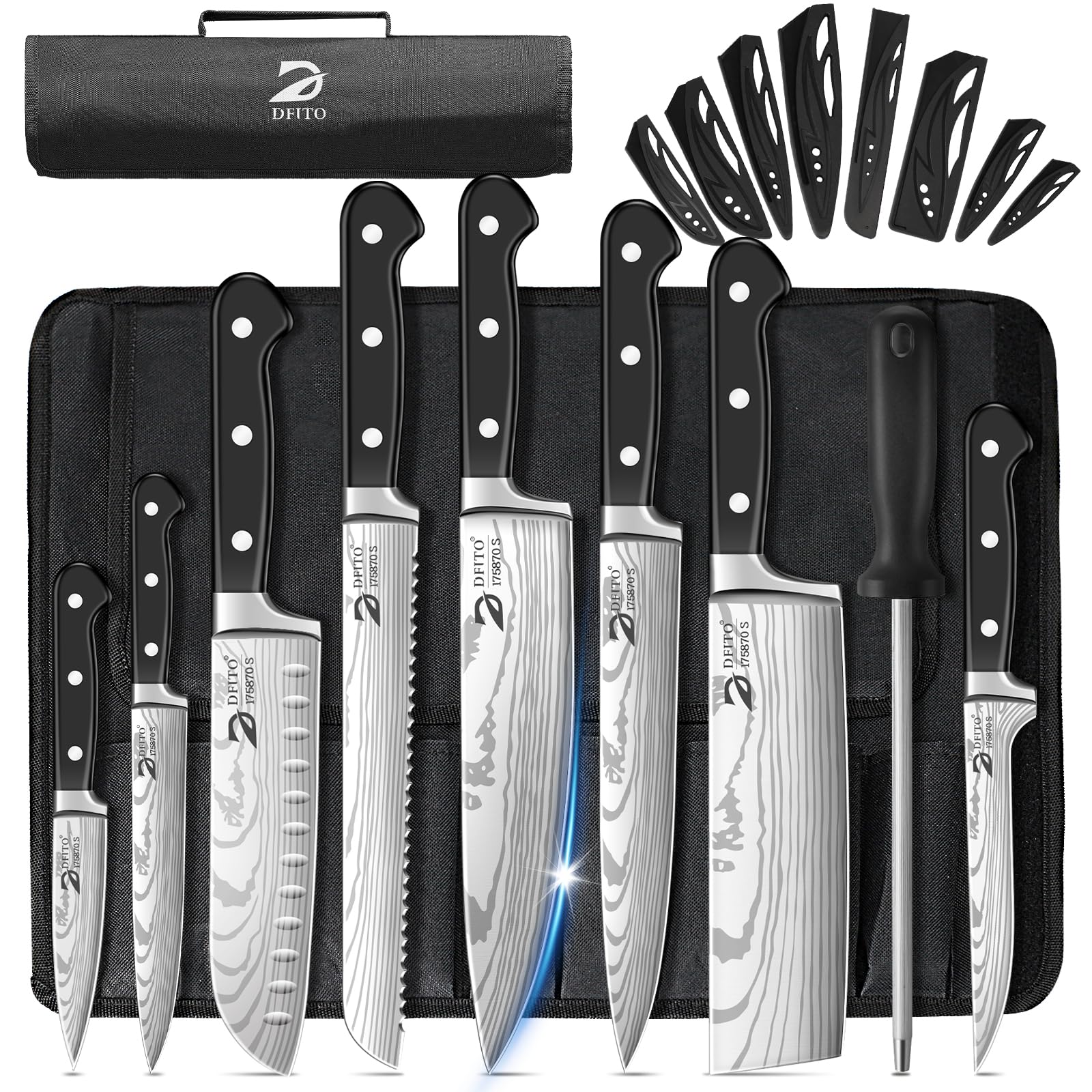 Dfito Chef Knife Set with Roll Bag, 9PCS Kitchen Knife Sets with Sharpener, High Carbon Stainless Steel Ultra Sharp Knife for Kitchen - Forged Triple Rivet Handle, Dishwasher Safe, Chef Gifts, Black