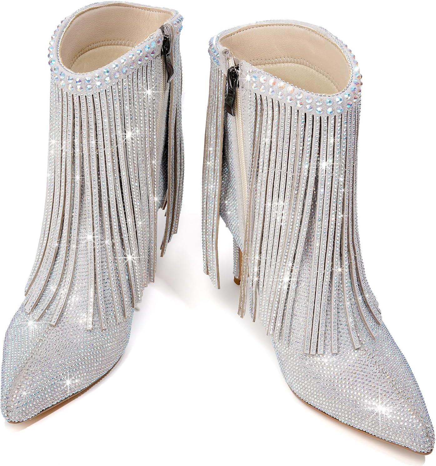 Women's Glitter Rhinestone Ankle Boots Sparkly Fringe Pointed Toe Booties Side Zipper Fashion Party Dressy Stiletto High Heel Boots for Women