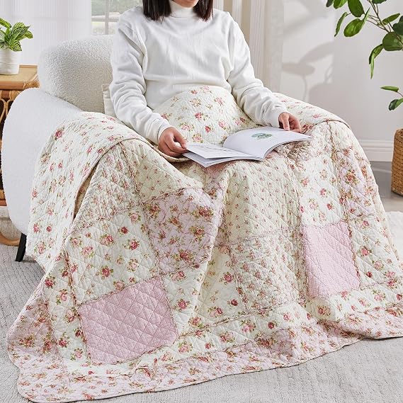 Qucover Single Bedspread Quilted Sofa Bed Throws Soft 100% Cotton Pink Floral Patchwork Quilt 127x152 cm Decorative Sofa Bedspreads Couch Coverlet