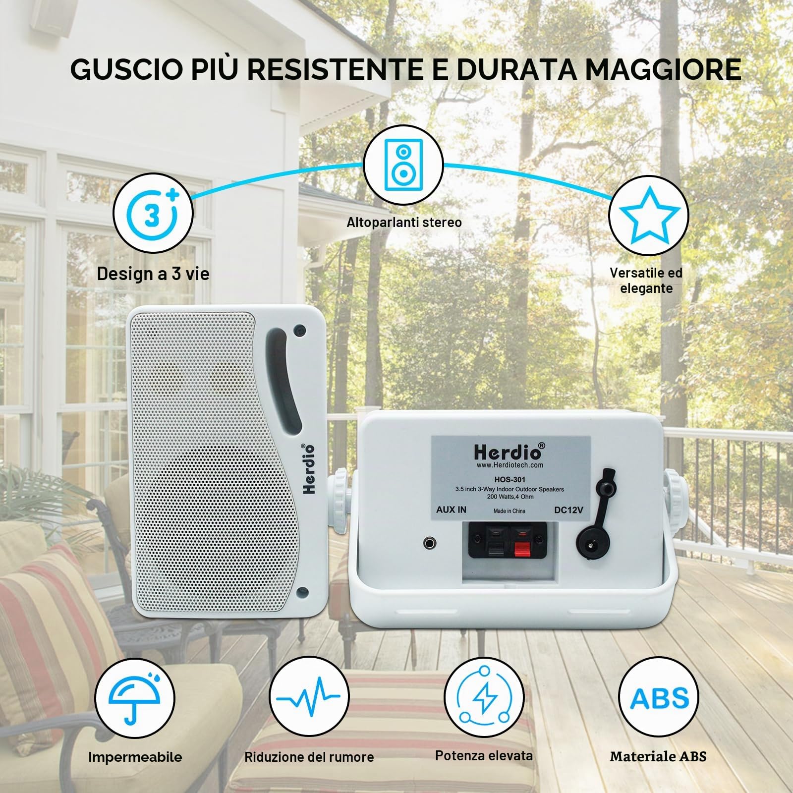 Herdio 3,5 Pollice Bluetooth Altoparlanti da esterno 200Watt Diffusori da Esterno Casse per Esterno Per Esterno,All-Weather Durability, per Patio Marine Boat Garage Indoor (Coppia，Bianco)
