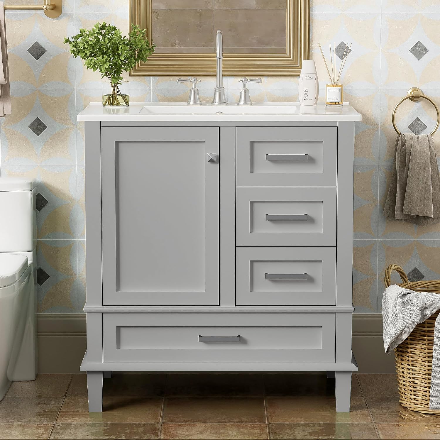 Virubi 30" Bathroom Vanity with Sink Combo Set, Soft Closing Door, Modern Solid Wood and MDF Single Bathroom Cabinet with Storage, 3 Drawers, Freestanding (Grey)
