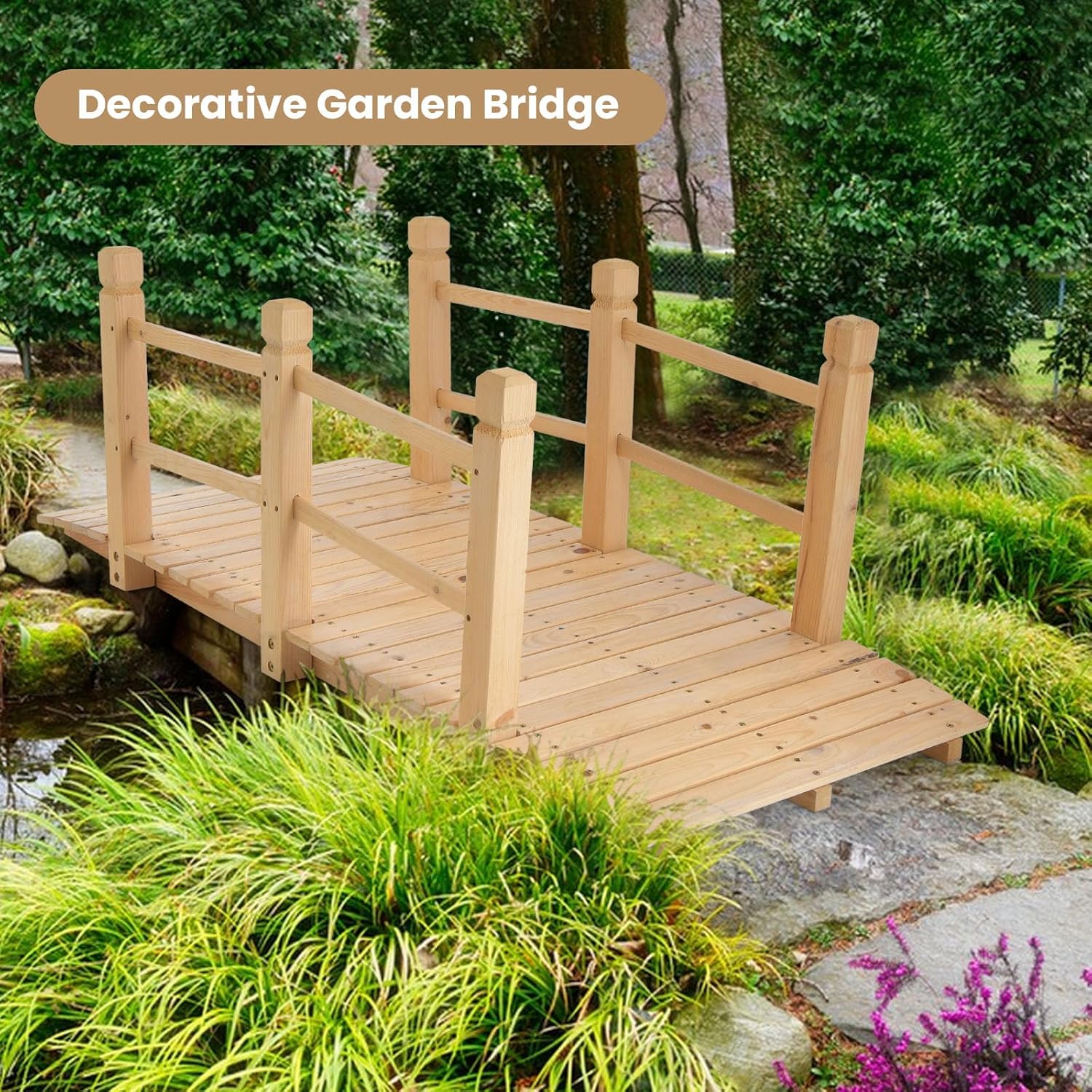 MAT EXPERT 5FT Wooden Garden Bridge, Sturdy Outdoor Pond Bridge with Safety Railings, Garden Pathway, Decorative Landscape Footpath for Backyard, Patio, Creek & Farm Decoration (Natural)