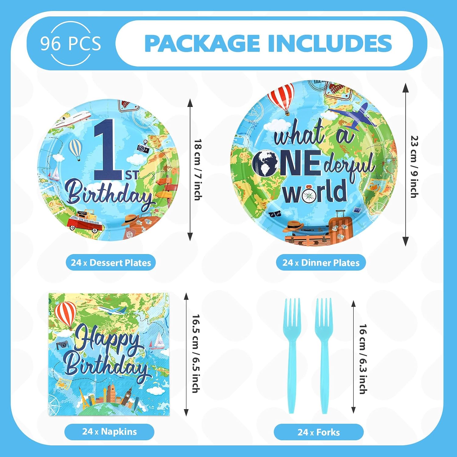 96Pcs Travel Theme 1st Birthday Party Supplies Adventure Awaits Plates and Napkins World Map 1st Birthday Tableware Set for Kids Adventure Time One Year Old Party Supplies，Serves 24