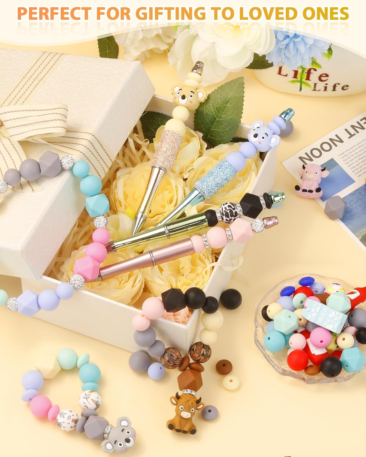 FIVEIZERO 185PCS Silicone Focal Beads for Keychain Making, Animal Cow, Round, Lentil, Hexagon, Printed, Rhinestone, Sliver Spacer Beads for Pens, Bracelets & Crafts with Elastic Cord & Scissors - Image 6