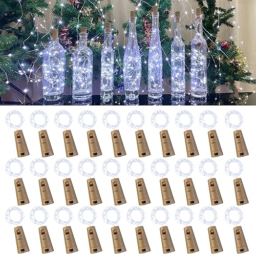 Luces para botella de vino con corcho, 20 luces LED de 6.6 pies de alambre plateado para botella de corcho, mini cadena de luces de hada, para
