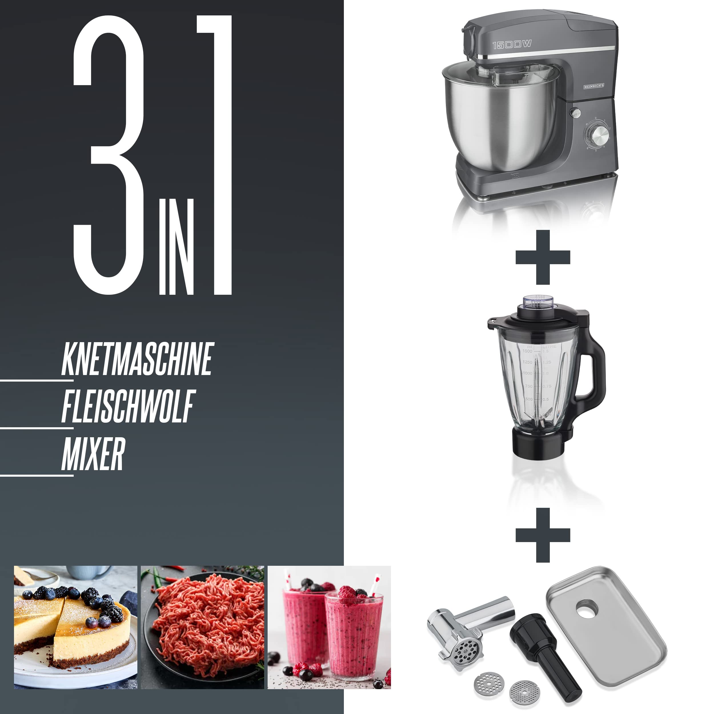 HEINRICHS 3 in 1 Universal Küchenmaschine, Küchengerät 1500W, 6 Geschwindigkeitsstufen, Multifunktionale Knetmaschine mit Fleischwolf, 1.5L Mixerbehälter, XXXL 10L Edelstahlschüssel (Grau)