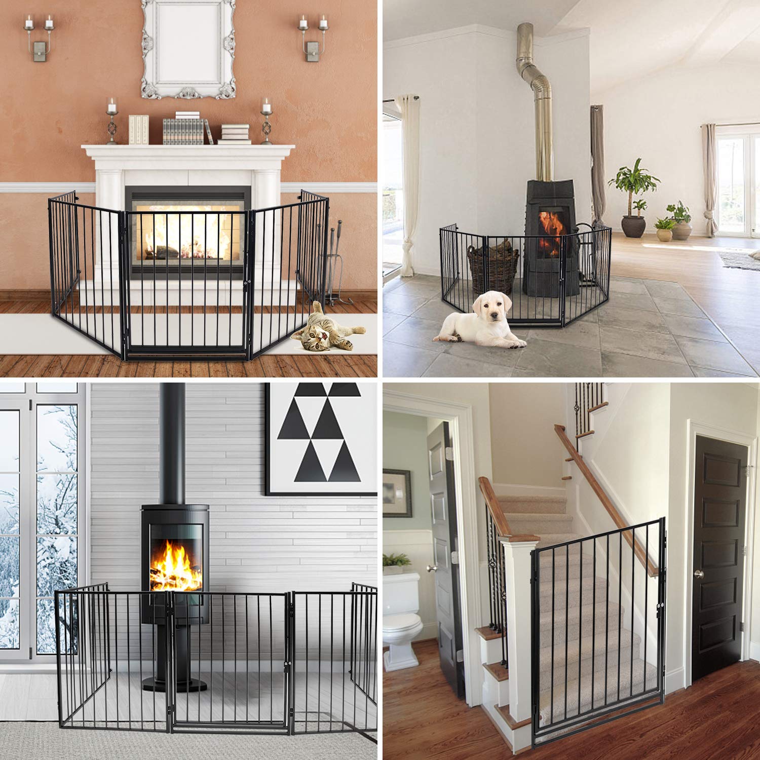 Ikodm Barrera de Seguridad 304 cm para Niños y Mascotas | Reja de Protección de Metal | Rejilla Protectora Metálica Plegable con Puerta | 5 Paneles 60 x 75 cm, Negro