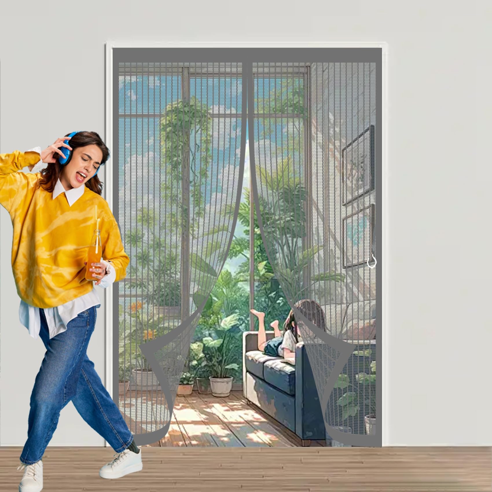 Door Fly Screen Curtain 166 x 188 cm with Powerful Magnets & Full Frame Magic Tape No Gap, Lets Fresh Air in, Keep Bugs Out Magnetic Fly Screen Doors for Patio Doors Bedroom, Grey