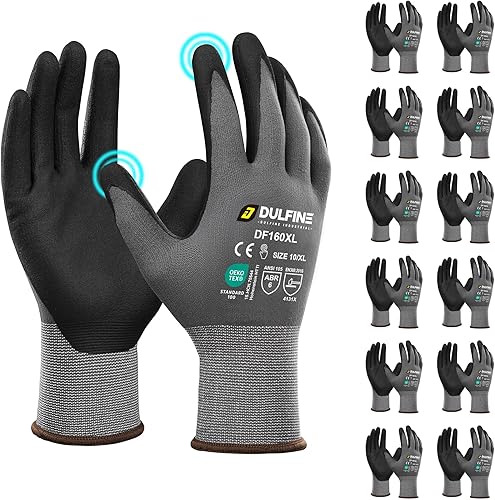 DULFINE Guantes de trabajo de seguridad con revestimiento de nitrilo de microespuma, paquete de 12 pares, guantes de nailon de punto sin costuras
