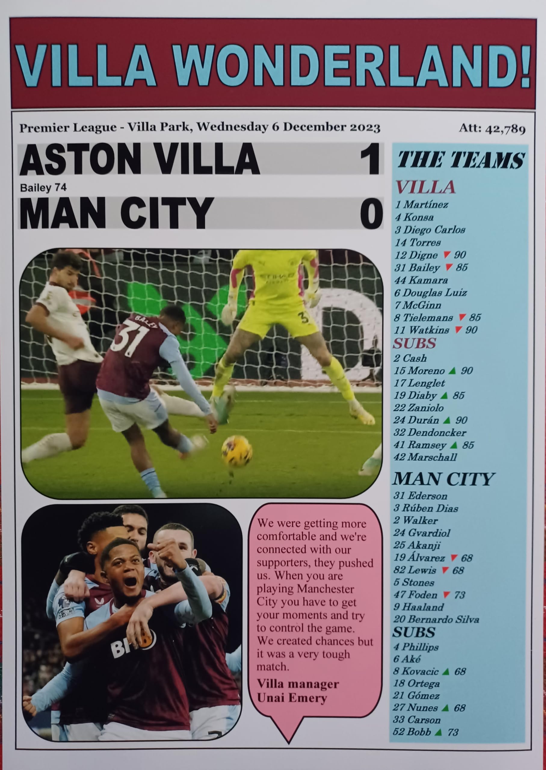 Aston Villa 1 Man City 0-2023 Premier League - souvenir print