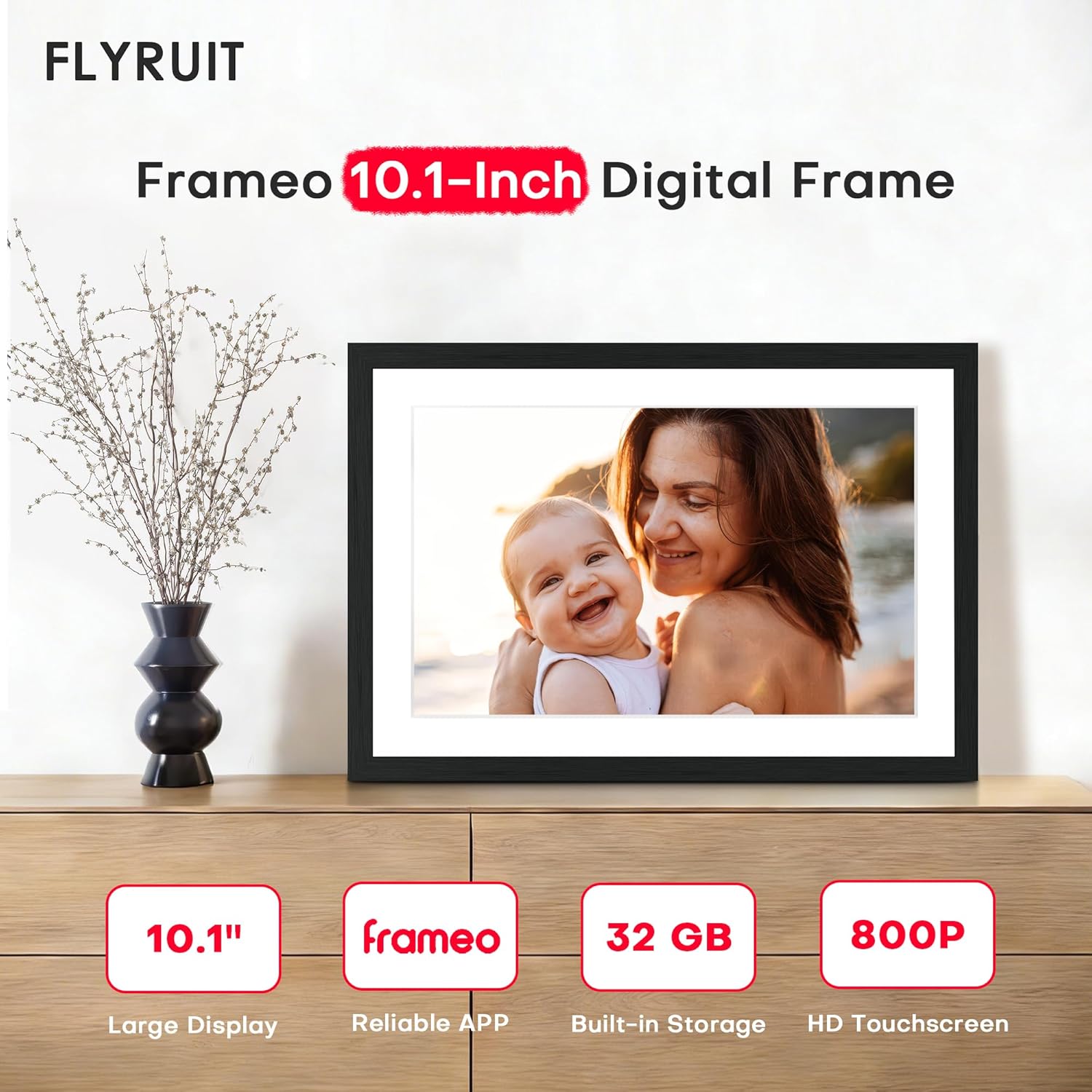 Digital Picture Frame, 10.1 inch Frameo Digital Frame WiFi, 1280 * 800 IPS HD Touchscreen, 32GB Storage, Instant Share Photo Video, Gifts for Mom, House Warming (10.1" Black Woodgrain 32GB)