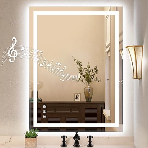 STARLEAD Espejo LED para baño con luces, 24 x 32 pulgadas, montado en la pared con luz regulable de 3 colores, altavoz Bluetooth, antivaho, memoria,