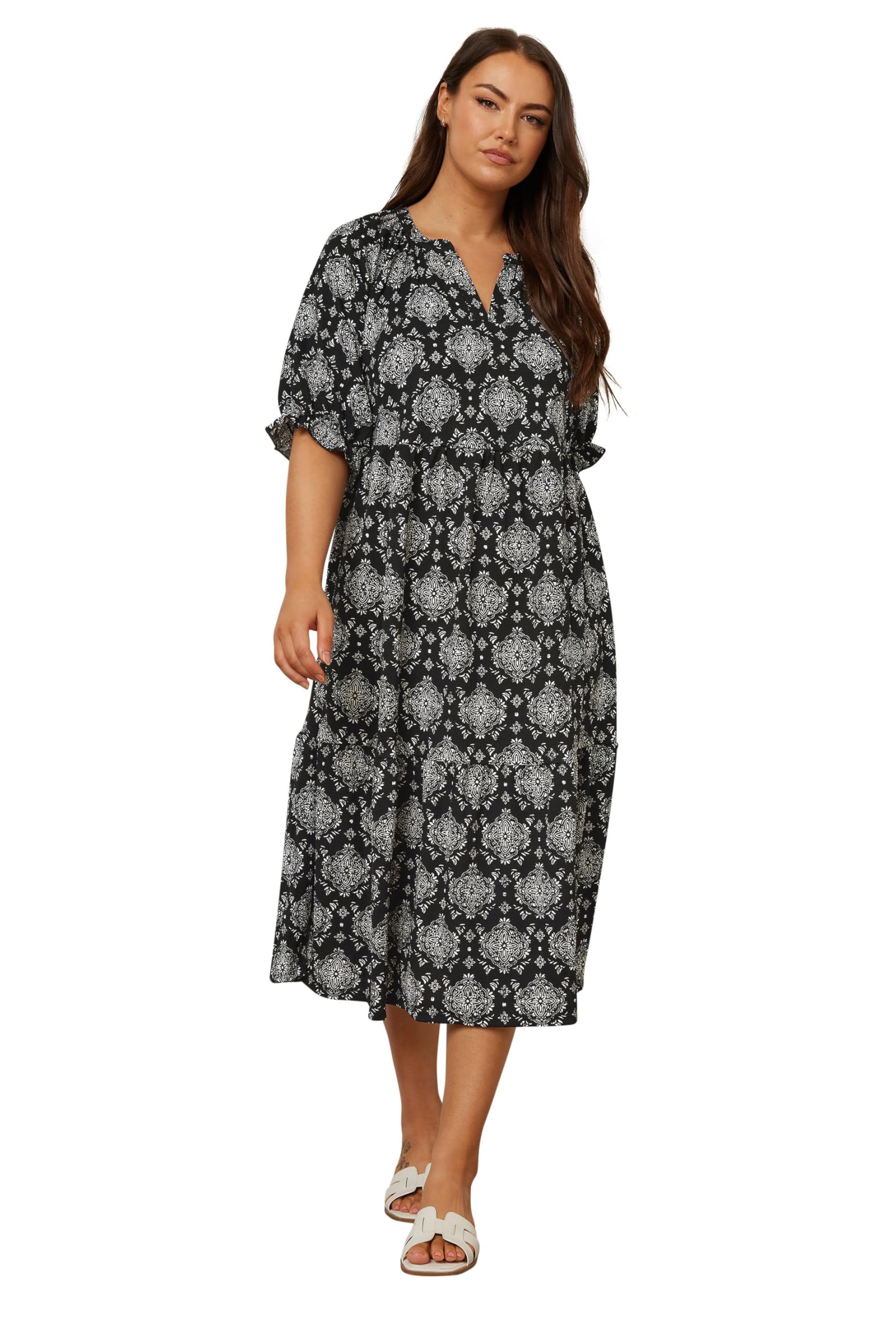 Yours Women's Black Tiered Midi Dress In | Size: 14