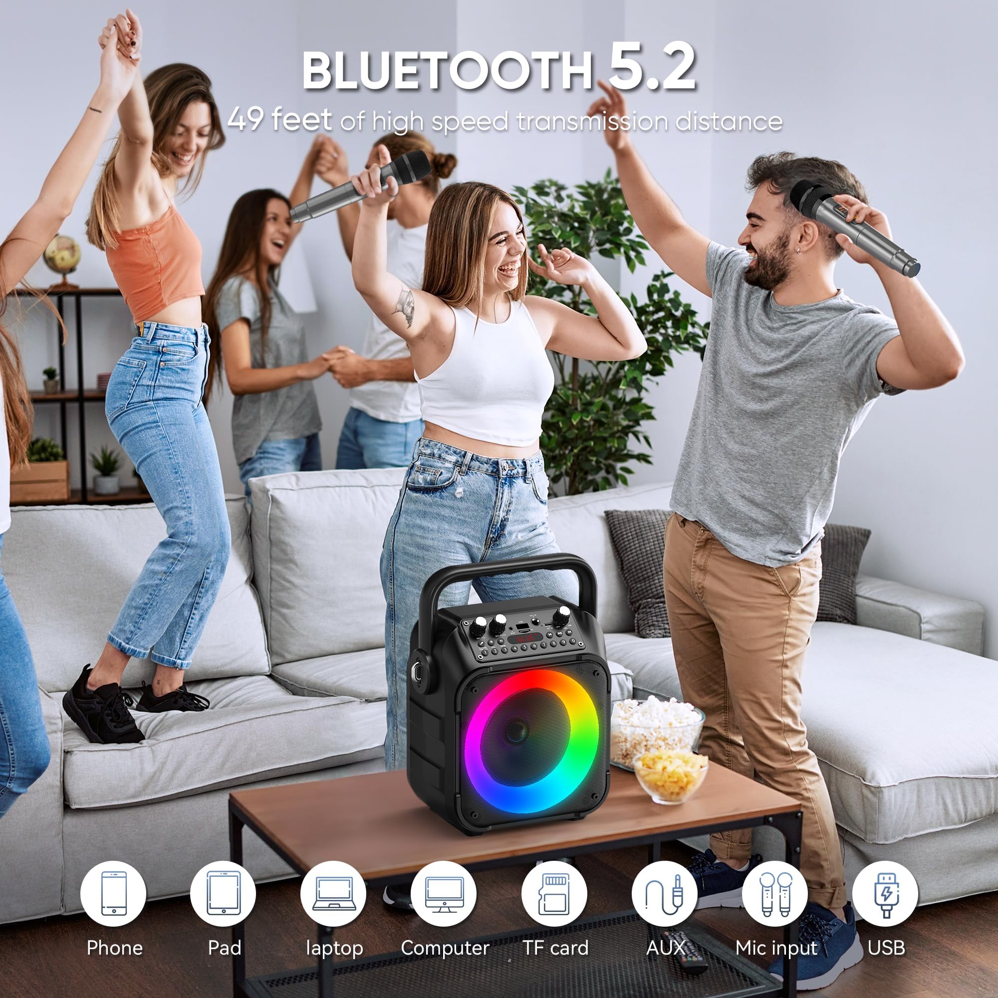 Karaoke Adulte, Haut-Parleur Bluetooth Portable Karaoke pour Adultes avec 2 Microphones sans Fil, Système PA pour Adultes et Enfants avec Lumières LED pour Les Fêtes (Noir)