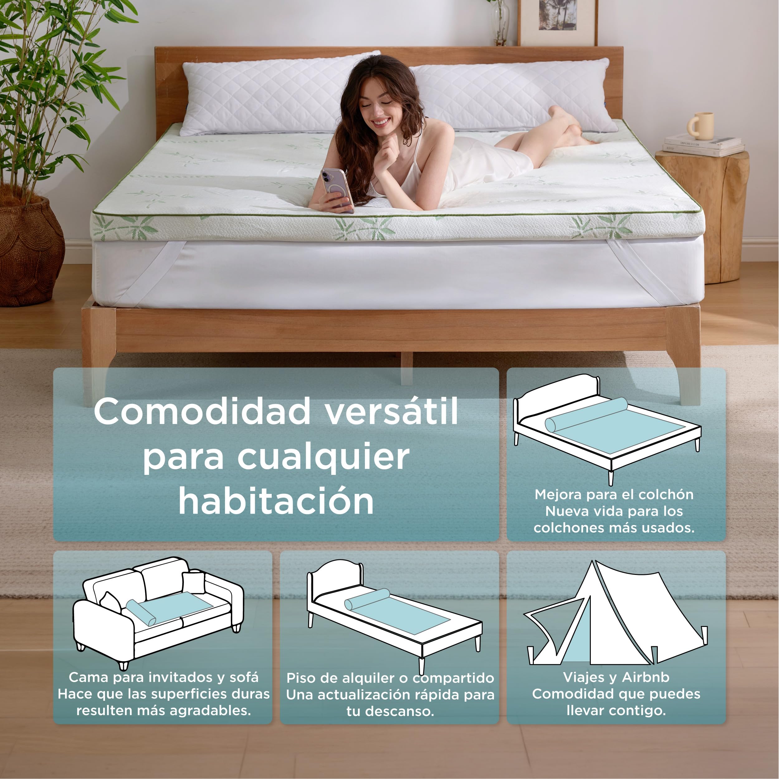 BEDSURE Topper Viscoelástico 90x190cm H2/H3 - Fibra bambú Transpirable 7cm
