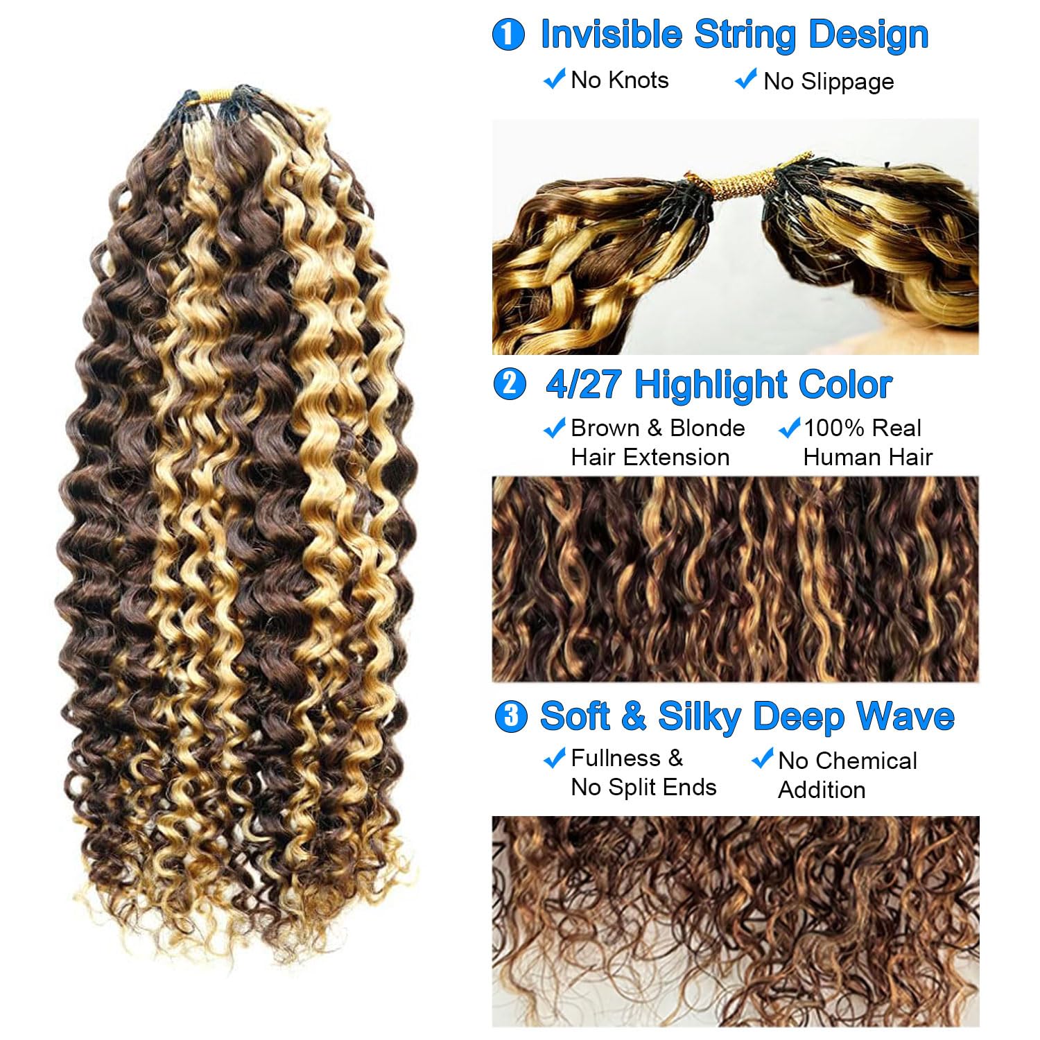 Human Crochet Hair for Black Women Pre Separated Deep Wave Invisible Miracle Knots Hair Feather Crochet Human Hair Extensions Deep Wave Bundles Human Crochet Hair (#4/27-50G, 18 Inch)