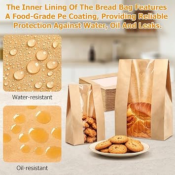 100 Pcs Bread Bags for Homemade Bread Paper Food Bag with Stickers, 2 Sizes | 13.78 x 8.27 x 3.35 & 9.06 x 4.72 x 1.97 Bakery Bags with Window Cookie Packaging for Storage Homemadebread Donuts Snacks