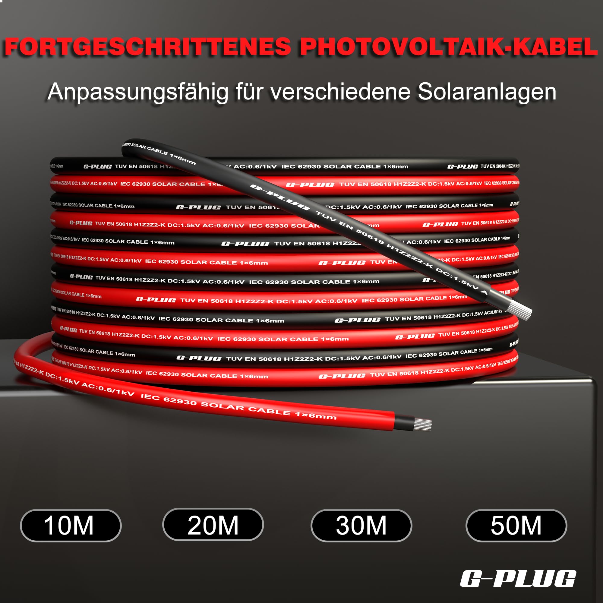 G-PLUG 50m Solarkabel 6mm² - Hervorragende Witterungsbeständigkeit & mühelose Installation - Innen- und Außen-Photovoltaikdraht - Längenoptionen: 10m, 20m, 30m, 50m