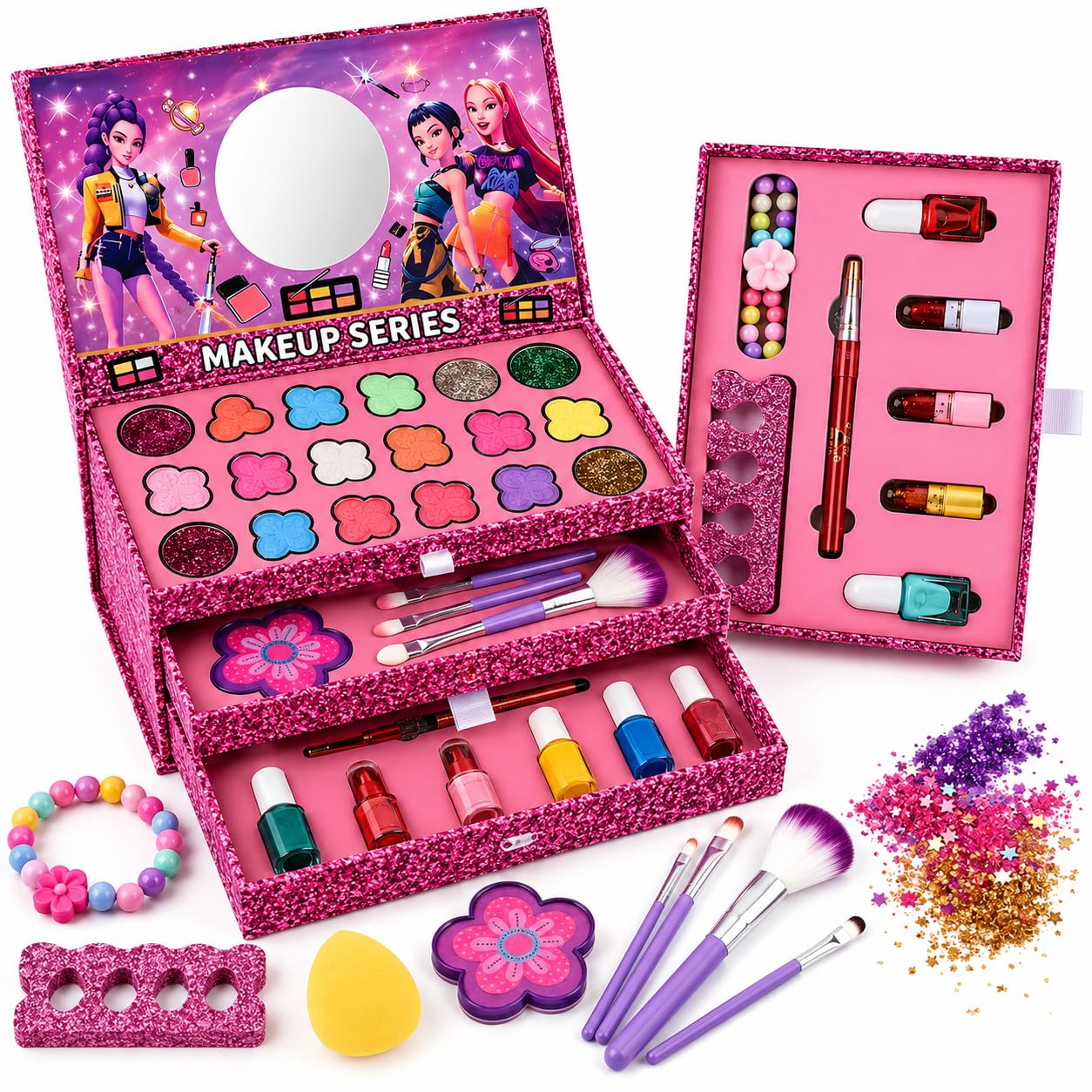 PLUSPOINT Kids Makeup Kit for Girls with Mirror | 3-Tier Pretend Play Beauty Set | Eyeshadow, Lip Gloss, Nail Polish, Makeup Brushes & Accessories | Birthday Gift Toy for Girls Age 5+ Years-image-43