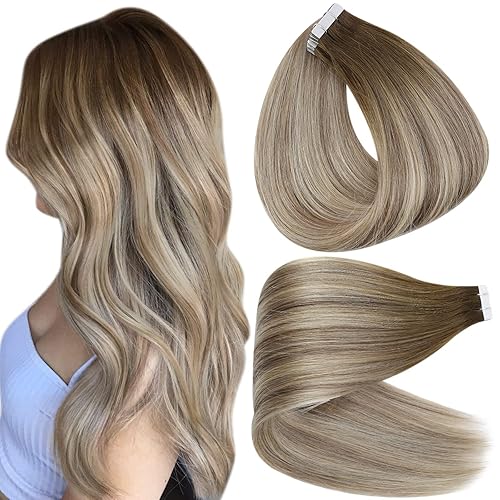 Full Shine - Extensiones de cabello humano lacio con cinta adhesiva de doble cara y trama de piel sin costuras, color 3822 castaño a castaño ceniza