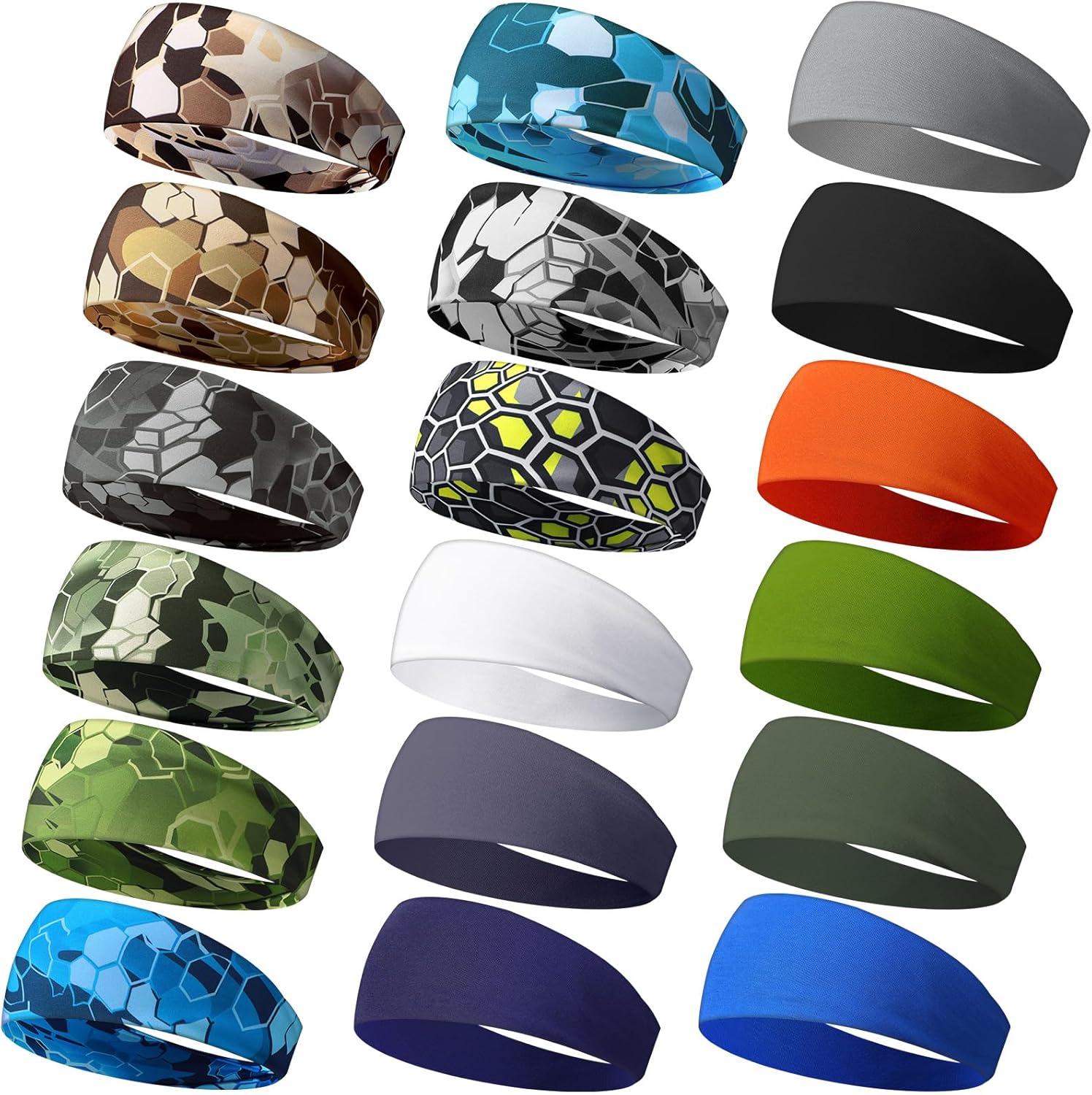 18 Pcs Sports Sweatbands for Men Women Camo Headbands Workout Non Slip Headbands Breathable Head Band Fitness Stretchy Unisex Hairband for Yoga Running Cycling Ball