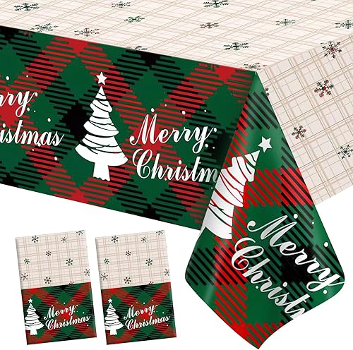 Miniatura 8 de Mantel de Navidad, 2 piezas de mantel desechable de plástico rojo, mantel de 54 x 108 pulgadas para decoraciones de Navidad, mantel de árbol de 2