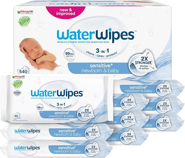 WaterWipes Sensitive+ Newborn & Baby Wipes, Salviettine per Neonati e Bambini, 540 Pezzi (9 Confezioni), Deterge, Cura, Protegge, 99,9% Acqua, Senza Profumo - 1