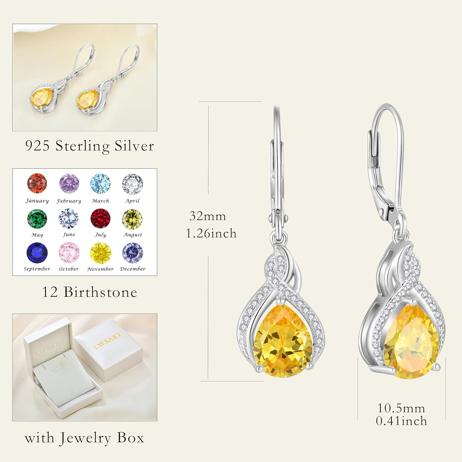 Infinity Teardrop Earrings 925 Sterling Silver Dangle Drop Leverback Earrings Pear Shaped Birthstone Jewelry Gifts for Women - Image 6