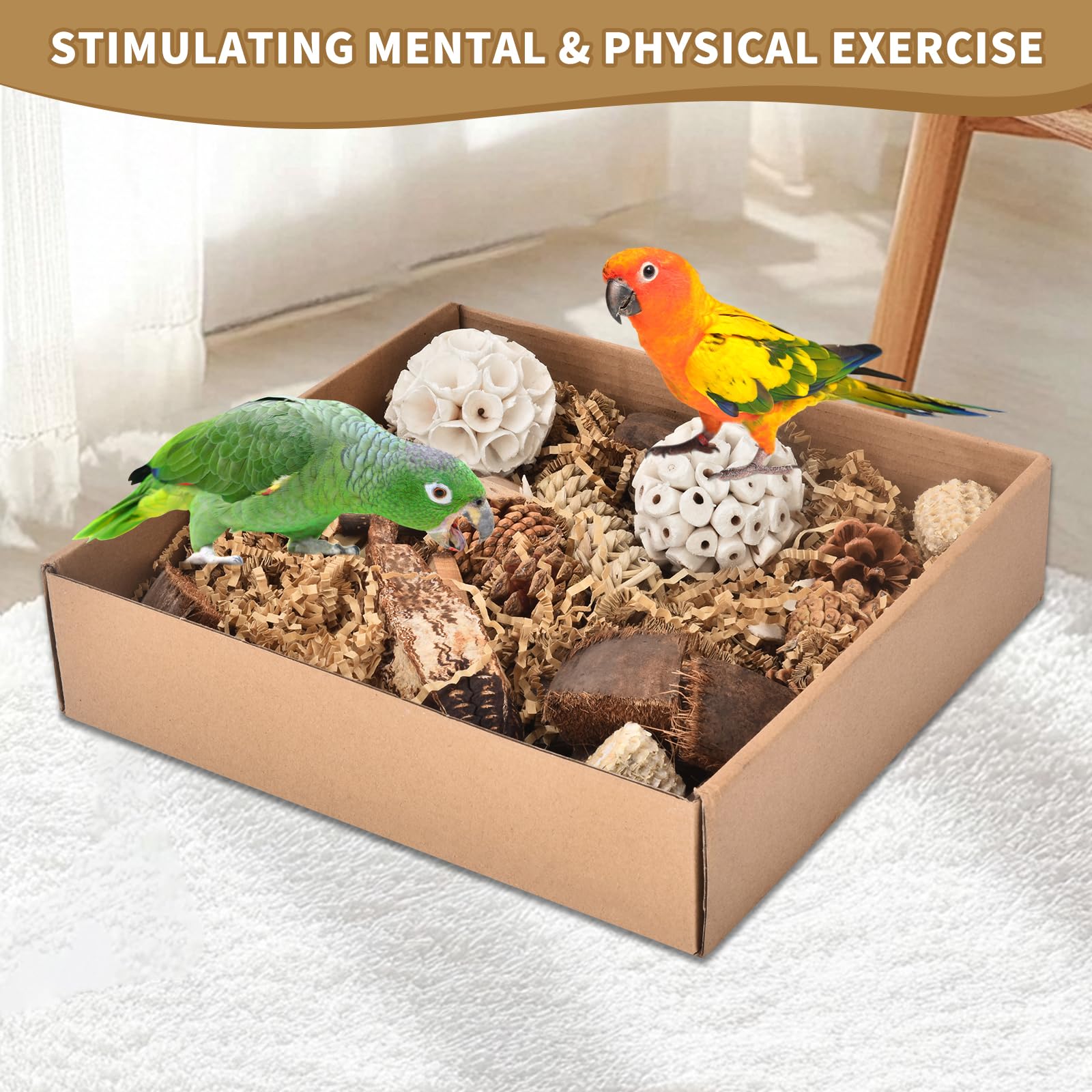 Natural Bird Toy Foraging Parrot Shredding Toys Box, Bird Chew Foraging Toys for Parrots, Conures, Budgies, Lovebirds, Small to Medium Birds(Nature Color) - image 7