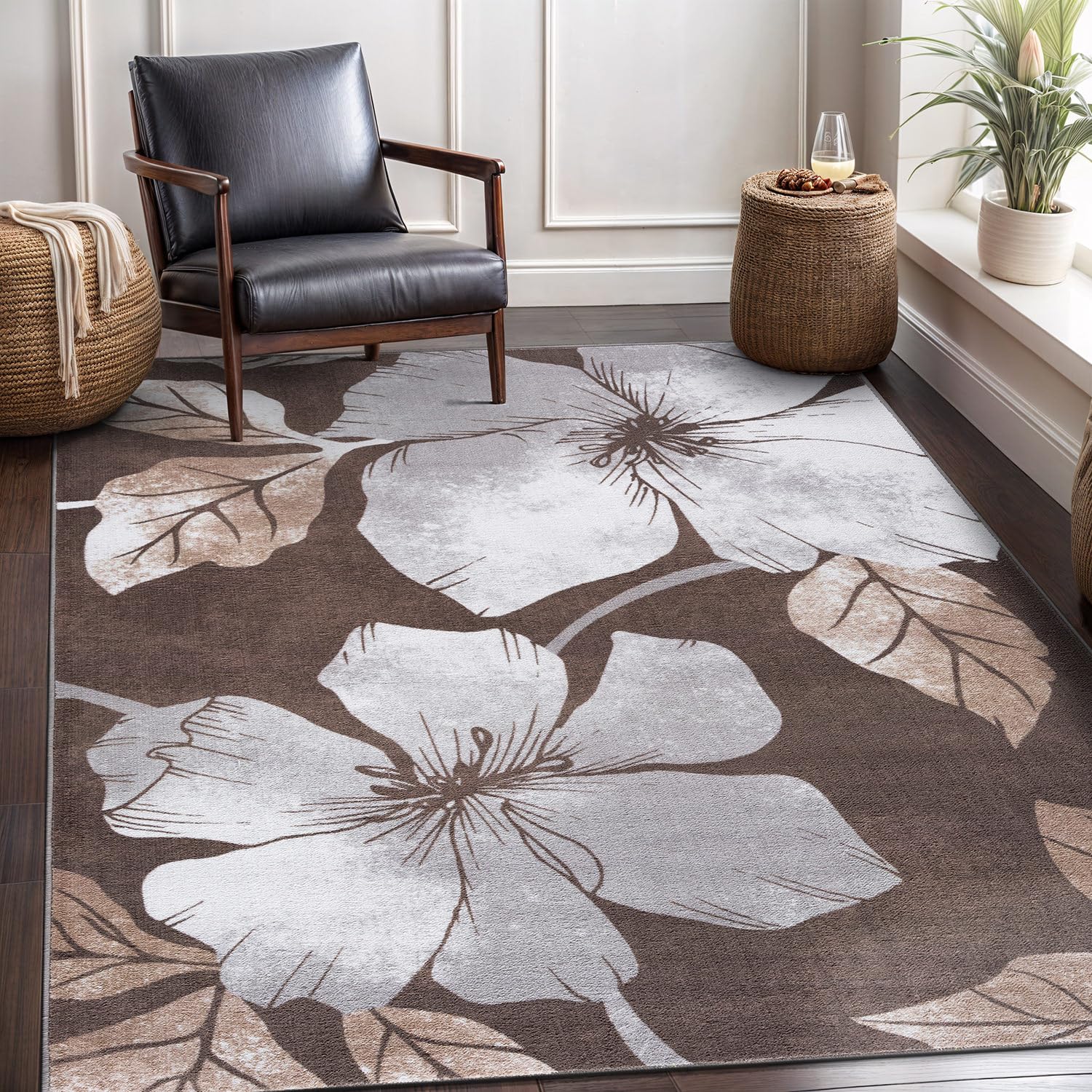 CAMILSON Solana Modern Floral 5x7 Area Rugs Non-Skid (Non-Slip) Rubber Backing Gray - Brown Flowers Indoor Rug (5 x 7, Grey Brown)