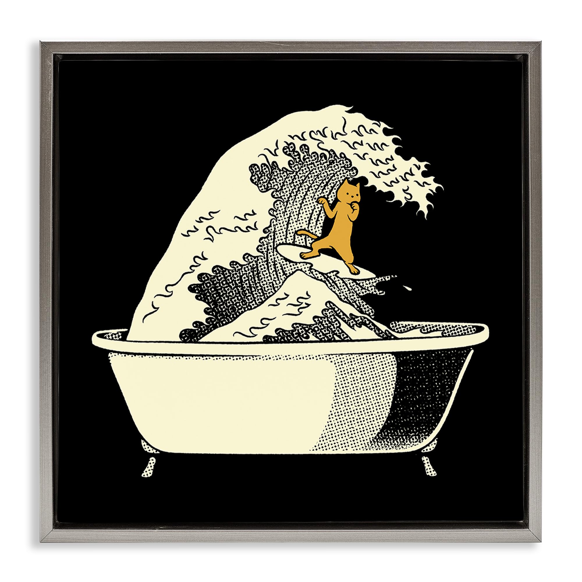 Stupell Industries Luster Gray (Matte) 'Kanagawa Bathtub Cat'| Floating Frame Canvas Art
