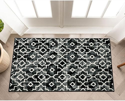 Miniatura 5 de Wonnitar Alfombra marroquí lavable, alfombra negra para puerta delantera, antideslizante, envejecida, moderna, geométrica, enrejado, para