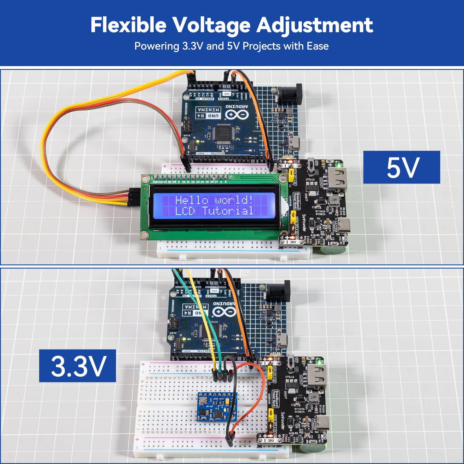 SunFounder BreadVolt Breadboard Power Supply Module Compatible with Arduino,Built-in Rechargeable Battery,Raspberry Pi,PicoW,ESP32,5V/1.5A,3.3V/1A,USB Output(Breadboard Not Included) - 4